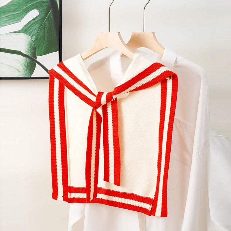 A Handmade Spring & Fall Polyester Knitted Knotted Shawl with Contrasting Stripes and Preppy Style Women's Fashion Shawl