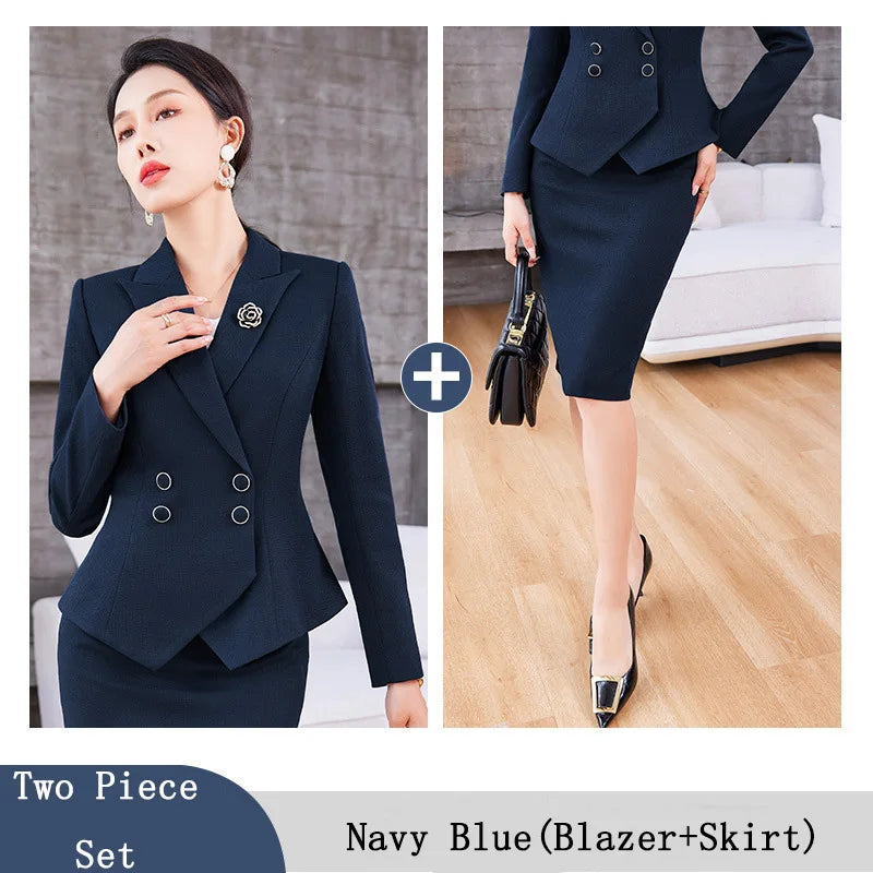 Navy Blue Suits Women 2023 New Spring Autumn Professional Long Sleeve Slim Blazer And Skirt Sets Office Ladies Work Wear Orange