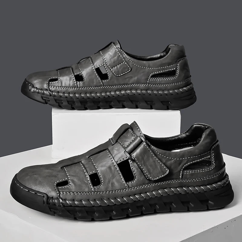 Summer Men Genuine Leather Outdoors Sandals Casual Leather Hollow Soft Bottom Breathable Soft Sole Shoes Classic Fashion Sandals