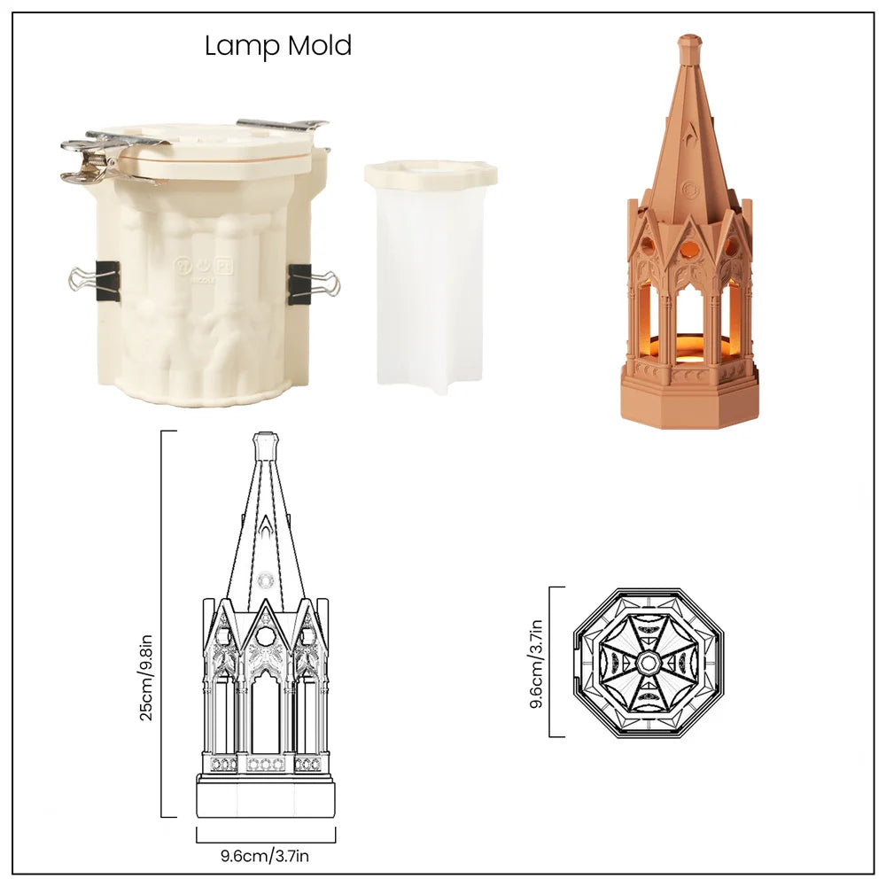 Gothic Revival Architecture Table Lamp Gypsum Silicone Mold and Accessories Dimmable Rechargeable Lamp Concrete Silicone Mold