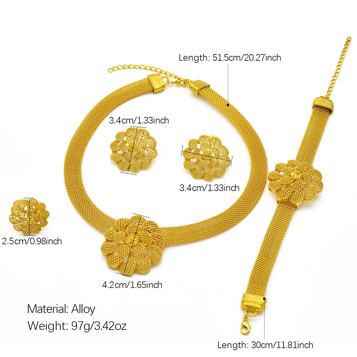 Luxury Wedding AU999 24K Gold Flower Jewelry Set! 4-Piece(Bracelet+Earrings+Ring+Necklace) Flattering, Newlywed Bliss Meaning