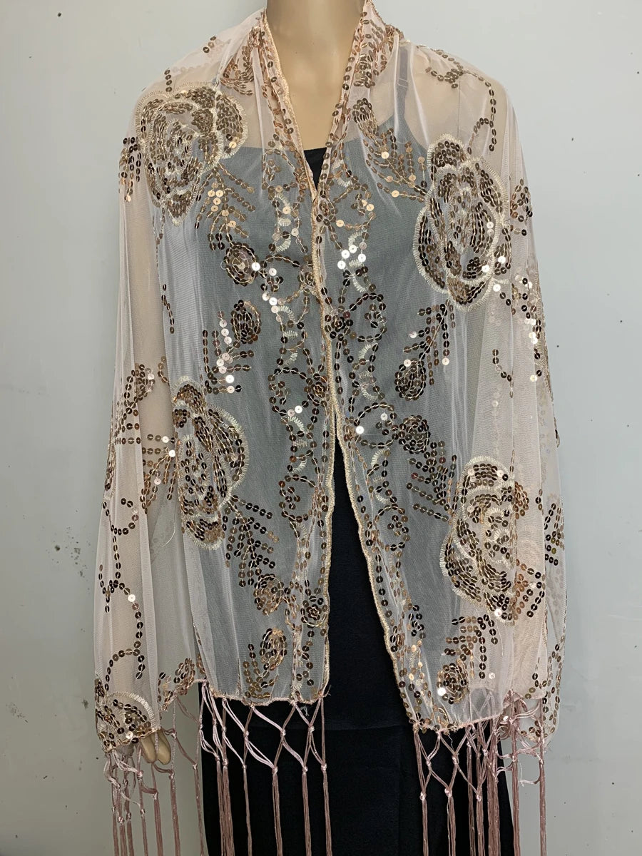 Glitter Sequins Shawls and Wraps for Evening Dresses Women's Mesh Wedding Cape Bridal Bridesmaid Shrugs Fringed Party Shawl