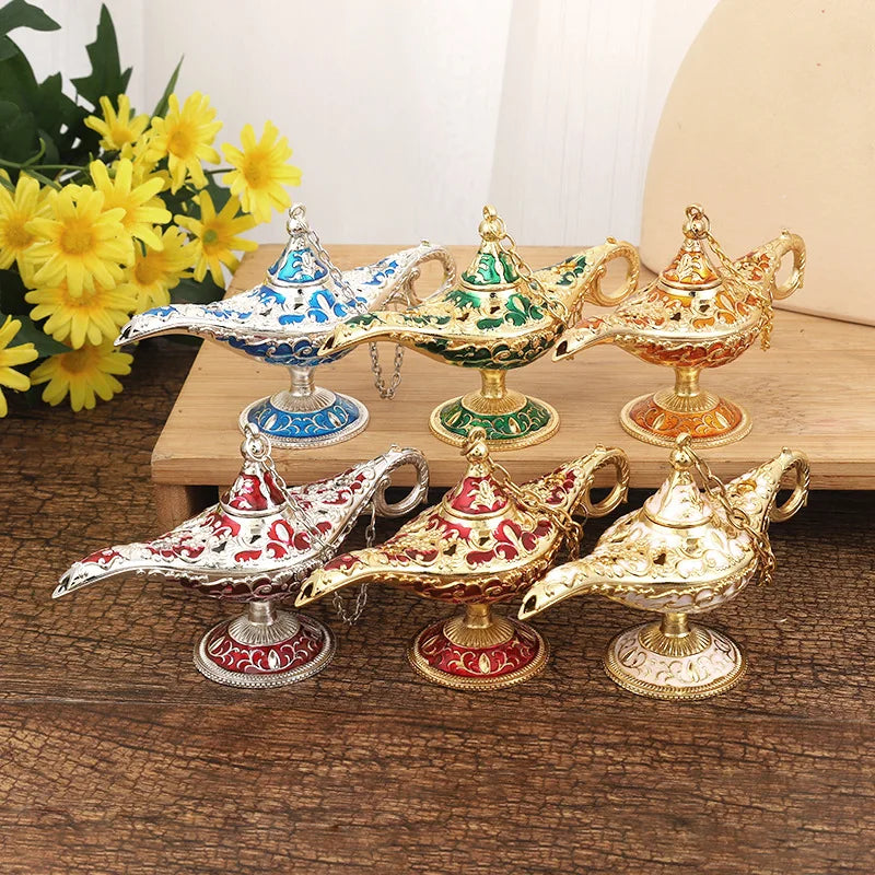 12cm(4.7")Classic Rare Hollow Legend Aladdin Magic Genie Lamps Incense Burners Retro Wishing Oil Lamp Home Decor Gift