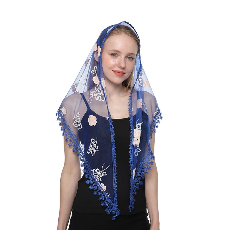 Fashion Church Shawl Lace Veil Polyester Scarf Bandana Church Prayer Wedding Mantilla Chapel White Embroidered Hijab Women Scarf