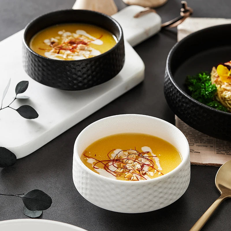 Anti-scratch Ceramic Salad Deep Plate Retro Rice Bowl Hammer Pattern Shallow Mouth Pasta Plate Western Restaurant Tableware