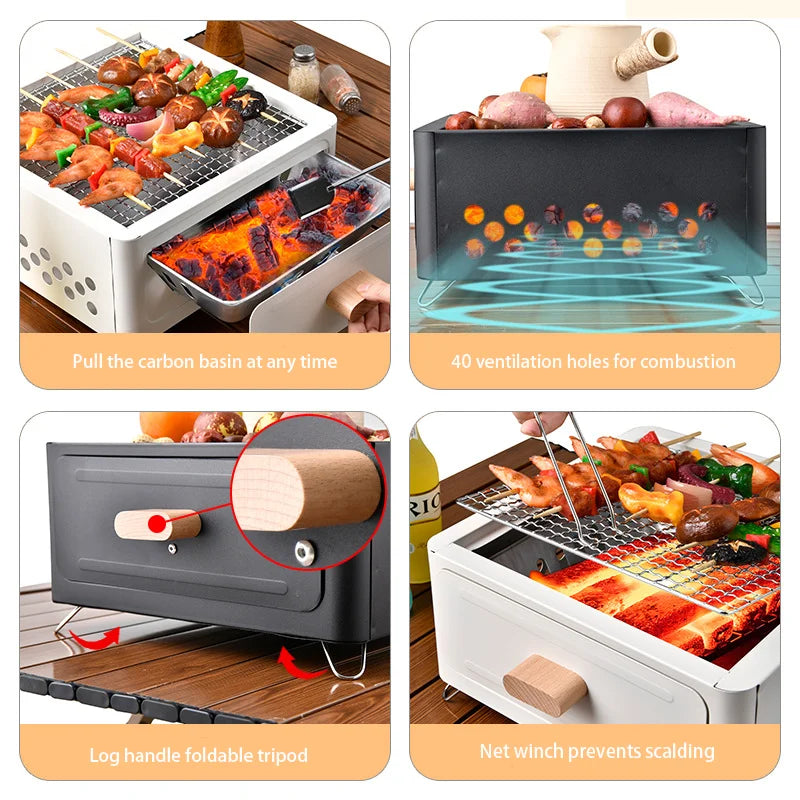 Portable multi-functional square barbecue grill for outdoor camping, drawer grill for roasting tea and meat around the stove