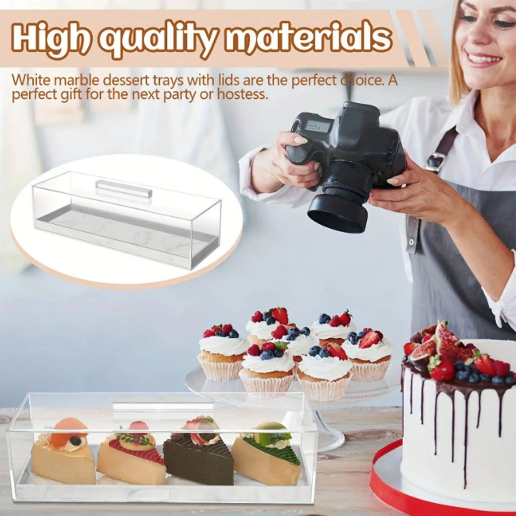 Cake Plate Dish Rectangle Cake Platter Rectangular Cake Tray Marble Grain Acrylic Multifunctional Dessert Serving Tray with Lid