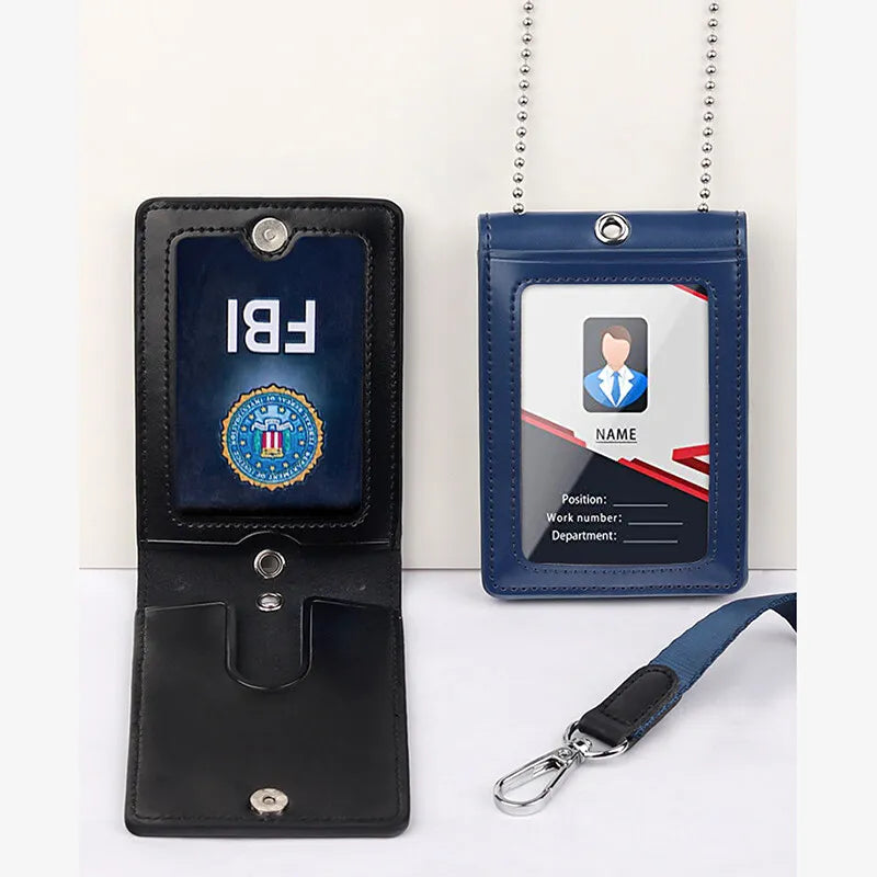 Genuine Leather ID Badge Holder Name Tag Chest Card Holders with Neck Lanyard Formal Staff Office Worker Supplies Magnet Hasp