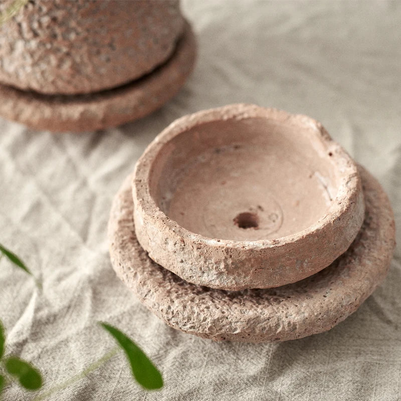 Home handmade clay pot retro hammer pattern desktop green plant small pot with tray ceramic red pottery pot