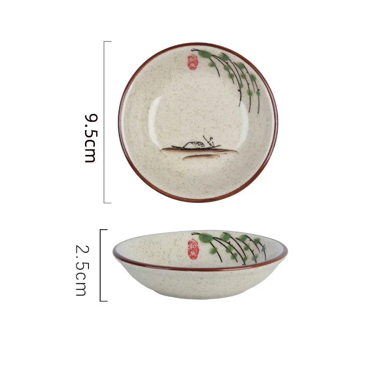 Ceramic Season Dish Japanese Flower Bird Pattern Porcelain Taste Plate Round Small Plate Dipping Saucer Dish Kitchen Tableware
