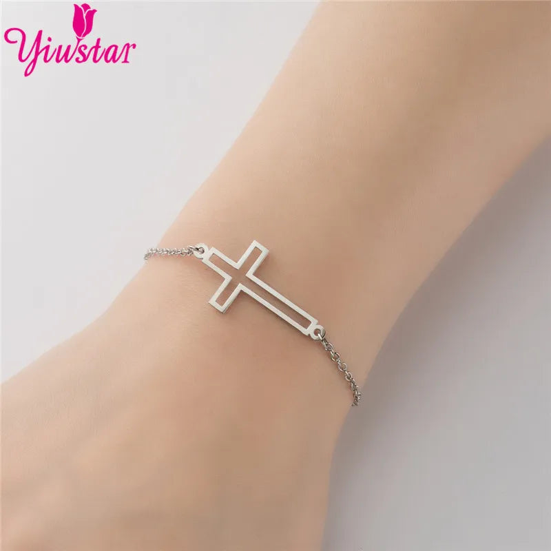 New Simple Christian Cross Stainless Steel Chain Bracelets for Women Men Religious Jewelry Lucky Cuff Bangles Gift Wholesale