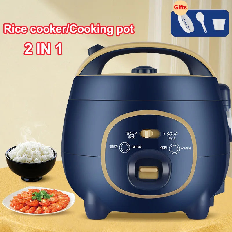 2 IN 1 1.8L Small Rice Cooker Multi-function Stew Pot Household Non-stick Inner Pot Electric Cooking Pot with Steamer