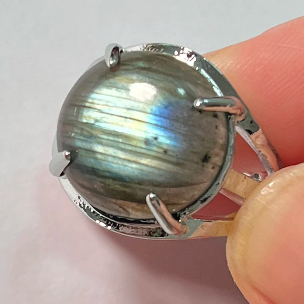 Ring Natural Stone Round Bead Blue Labradorite Adjustable Finger