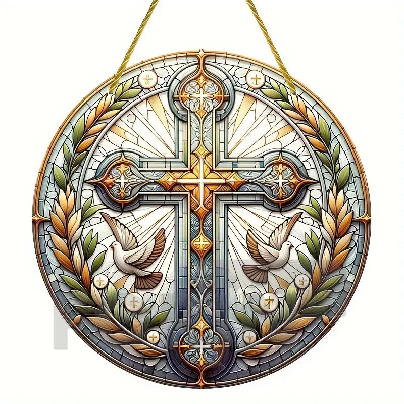 Cross Sun Catcher Acrylic Round Sign,Faux 3D Christianity Religious Pendant Plate,Home,Garden,Room,church,Holy Week&Easter Decor