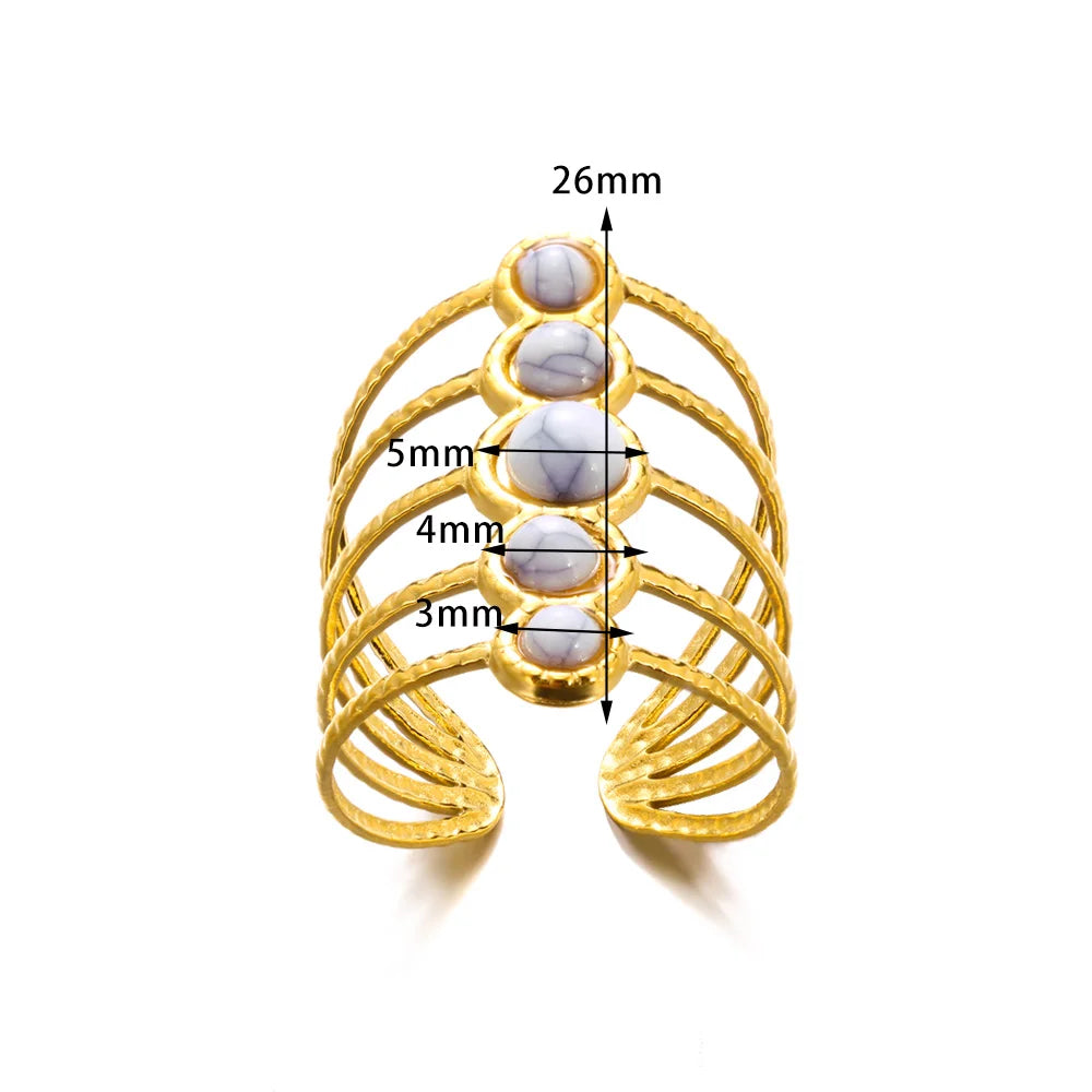 Stainless Steel Double Wide Rings For Women Trendy Aesthetic Gold Color Ring Vintage Natural Stone Hollow Jewelry Gift New In