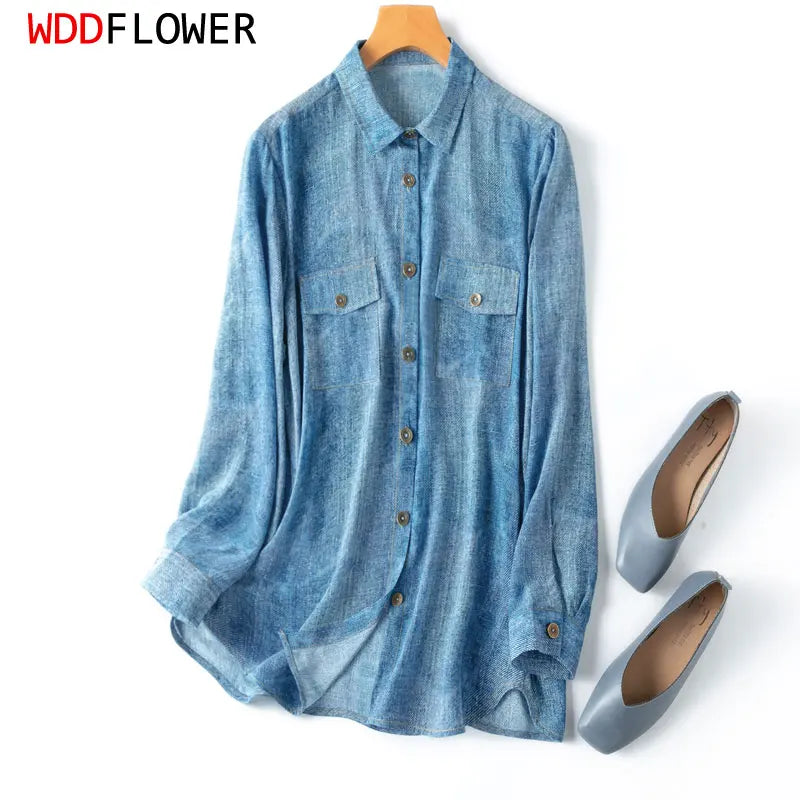 Women Silk Shirt 100% Mulberry Silk Crepe Silk Blue Jeans Printed Long Sleeve Buttons Down Top Blouse Office Lady Work M L MM860