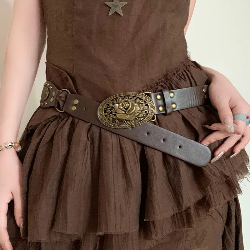 Vintage Circle Splicing Belts Cowboy Hollow PU Girdle Rivet Punk Metal Buckle Spice Girls Skirt Decoration Heavy Duty Wide Belt