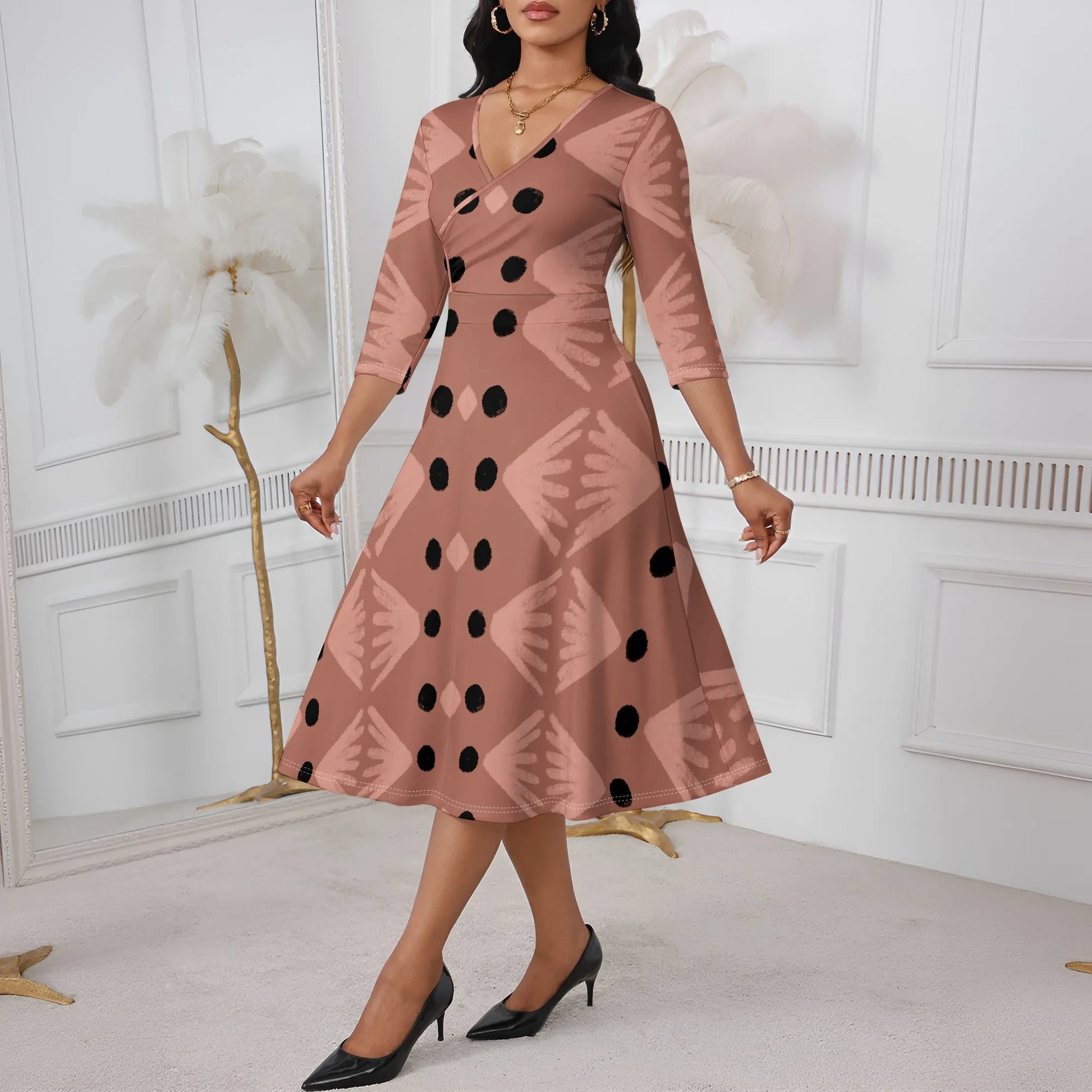 Mudcloth Inspired Print Wrap Dress XS-3XL Modern Afro A-Line Style with V-Neck for Juneteenth, Gallery Visit or Boho Fall Look