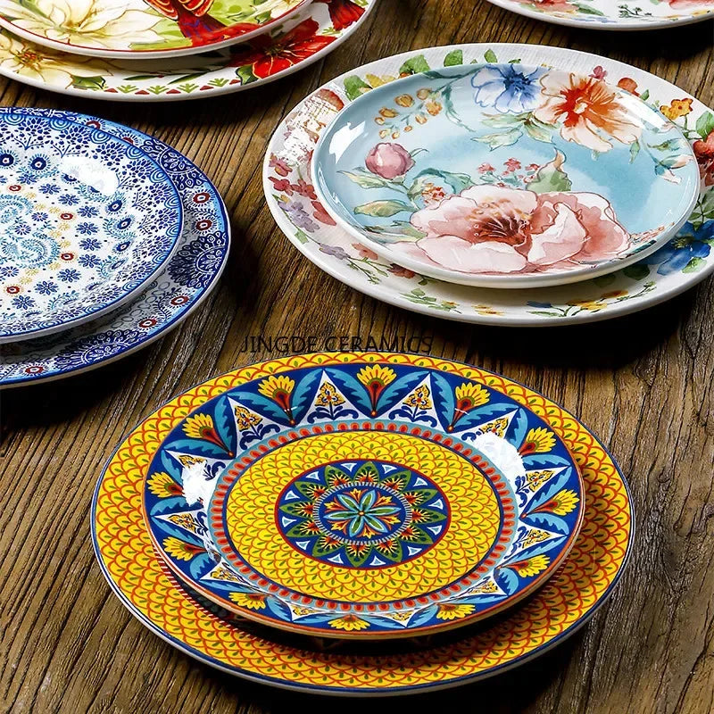 Exquisite Ceramic Plates Round Steak Dinner Pasta Plate Underglaze Colour dishware Kitchen Accessories Home Salad Plate