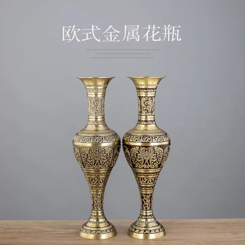 Large Bronze Metal Vase for Room Decoration, Europe Vintage Tabletop, Artificial Flowers, H38cm, HP015