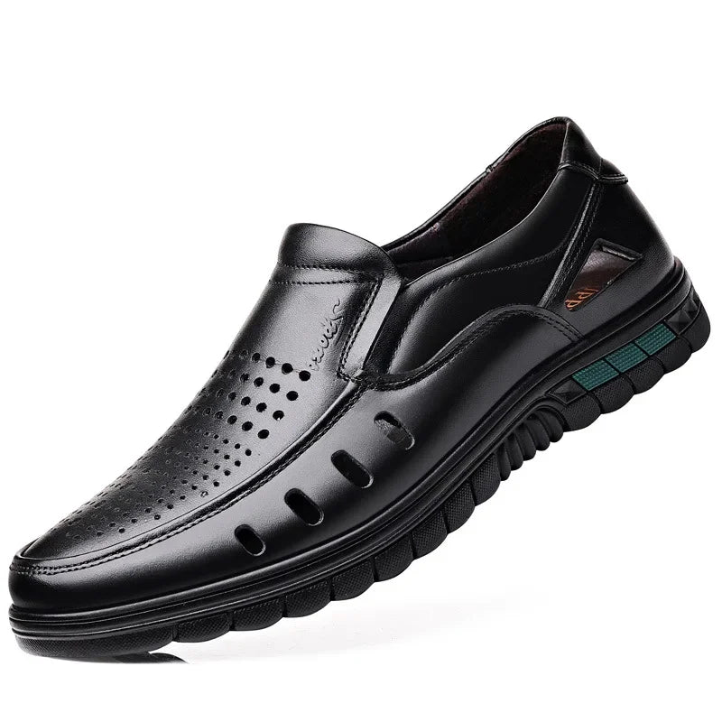 Men's genuine leather sandals perforated shoes casual breathable wear-resistant anti slip cool trend business men's shoes
