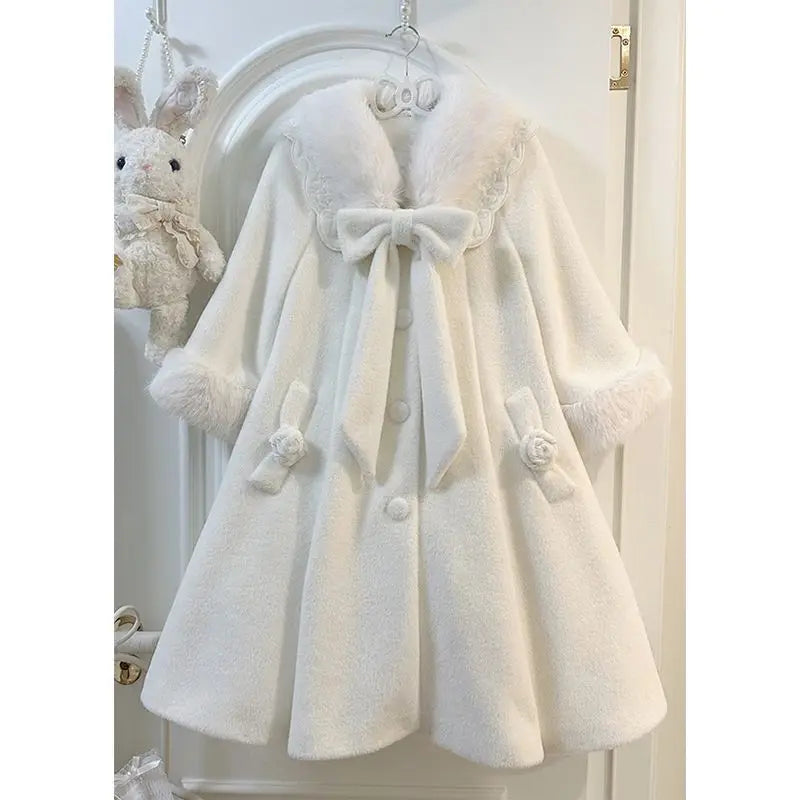 Winter Plush Long Coat Women Clothing Bow Lolita Style Autumn/Winter College Style Commuter Sweet Bow A-line Wool Coat for Women