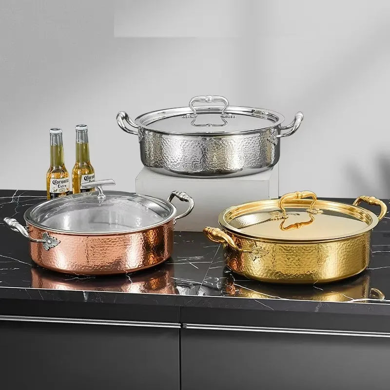 Italian manual hammer printing pot 3-layer steel clear soup pot Commercial double flavor 304 stainless steel thick hot pot