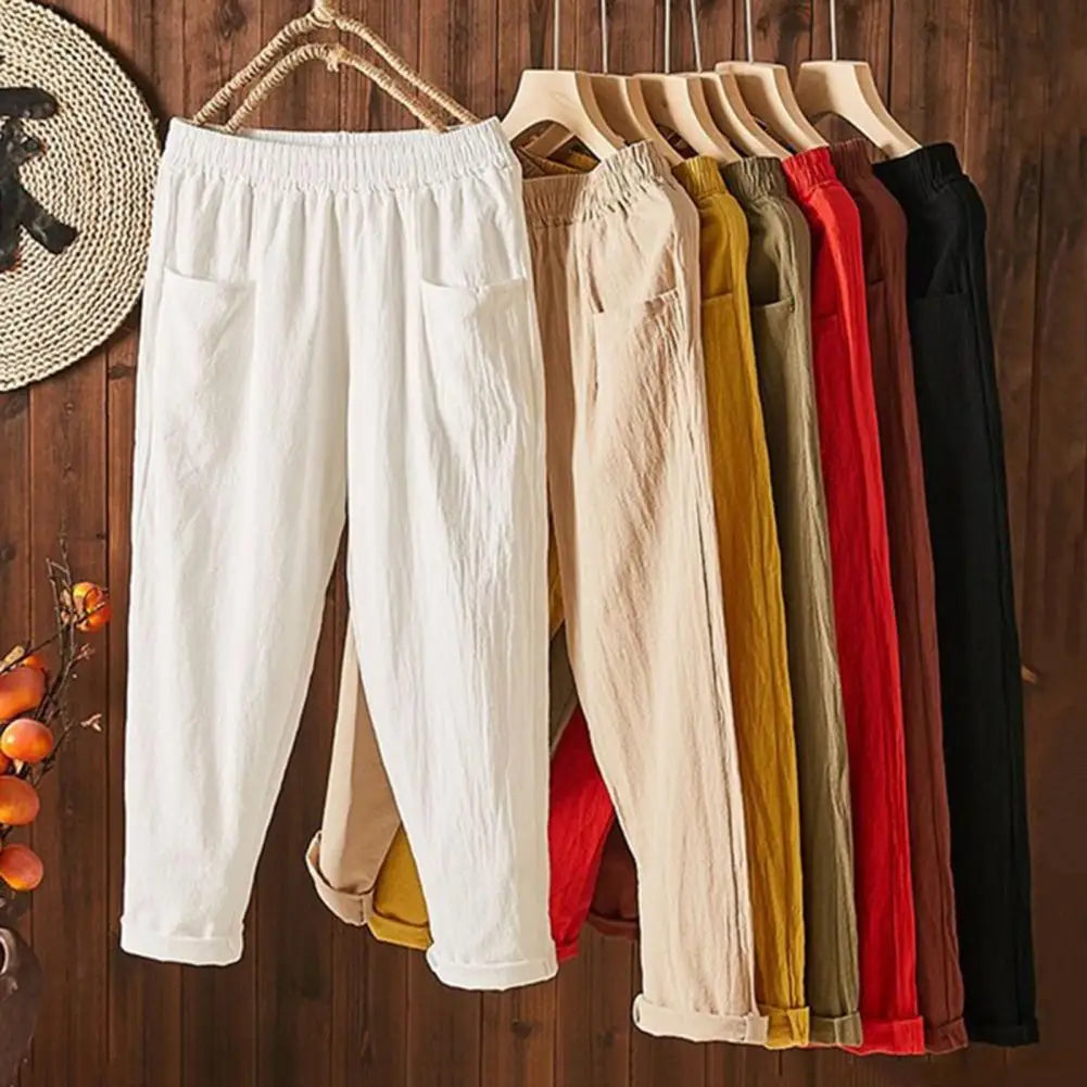 Cotton Linen Women Harem Pants Women Summer Casual Loose Harem Elastic Waist Cotton Linen Pants Ninth Trousers Wide-leg pants