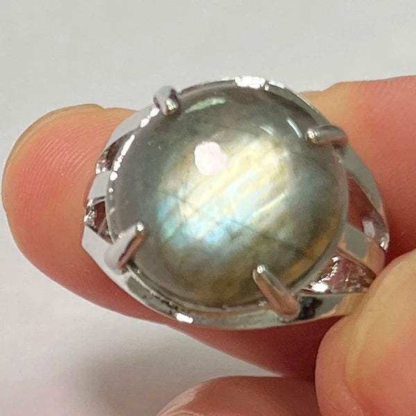 Ring Natural Stone Round Bead Blue Labradorite Adjustable Finger
