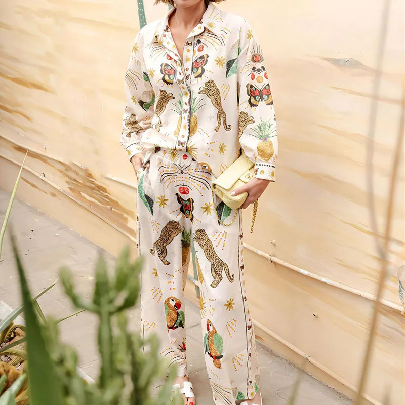 Loungewear Printing Two Pieces Sets, Women Spring Summer Cardigan Top Wide Leg Pants Outfit, Loose Turn-Down Collar Ladies Suits