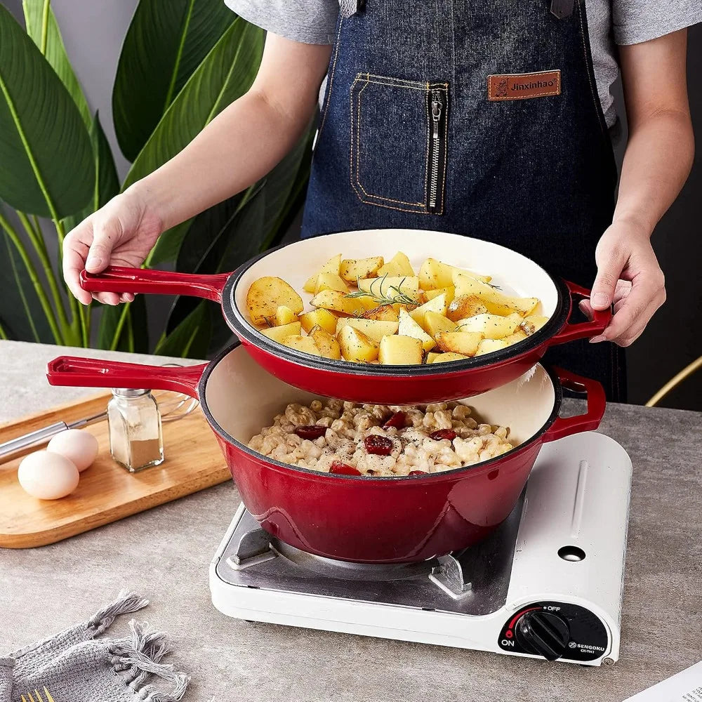 2 in 1 Enameled Cast Iron Pot with Lid 11 Inch Cast Iron Dutch Oven & Skillet Combo, Enameled Cast Iron Cookware with Lid