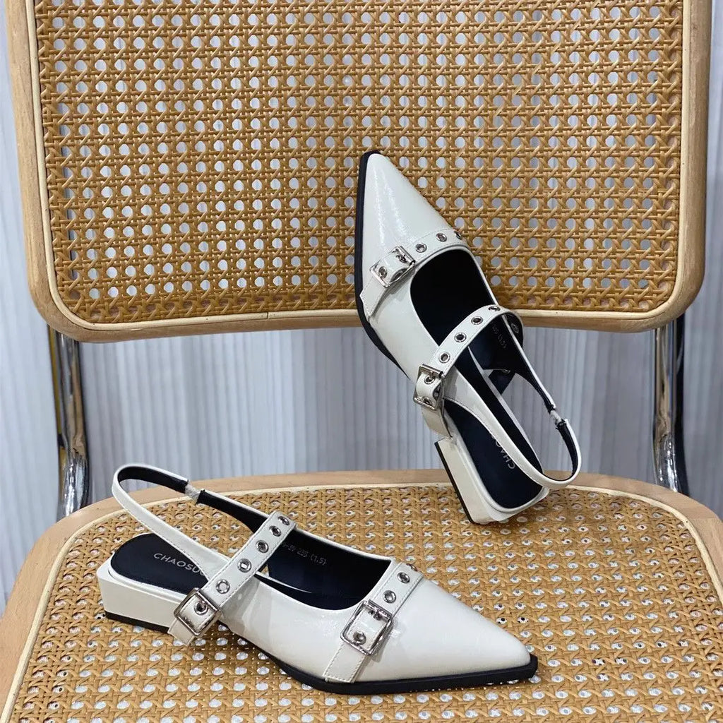 Leather Women's Sandals Outdoor with Low Heels Ladies Shoes Buckles Black Mules 2024 Trending Summer Offers The Best Designer Or