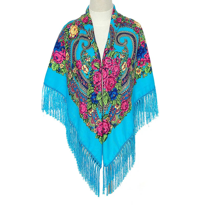 Women Luxury Floral Printed shawl Scarf for woman Square Babushka Handkerchief Head Wraps cardigan  Bohemia Retro Fringed Cape