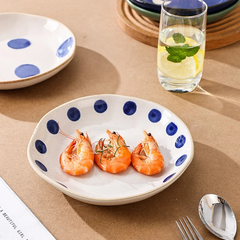Japanese Vintage Hand Painted Dots Daisy Pottery Deep Plates Creative Moon Star Steak Flat Plate Handmade Salad Dinner Dishes