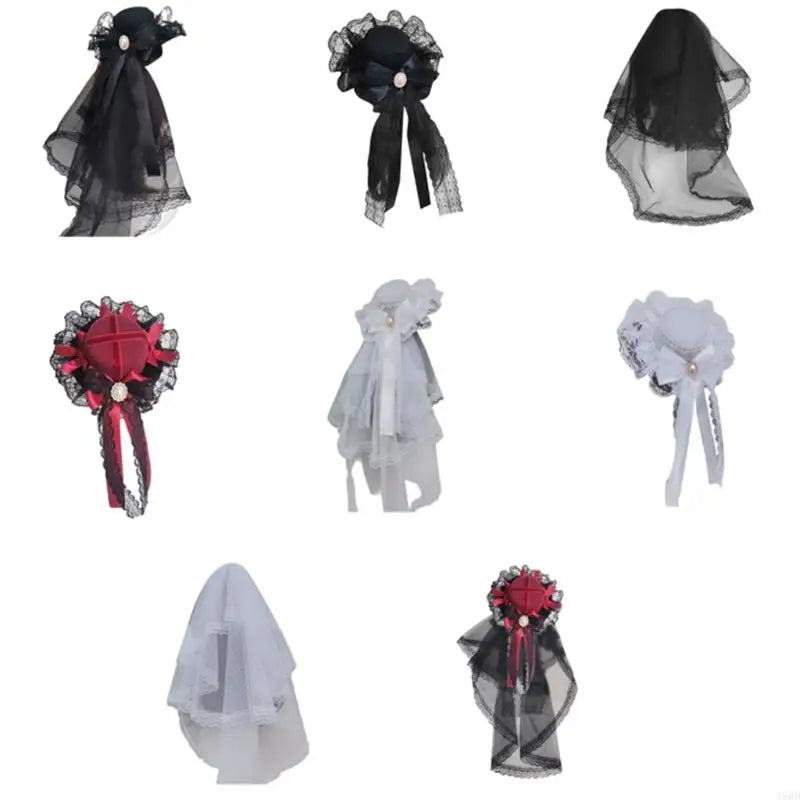 Ribbon Bowknot Veil Small Hat with Hair Clip Fashion Headwear Women Teens Halloween Hair Bows Masquerades Party Headwear