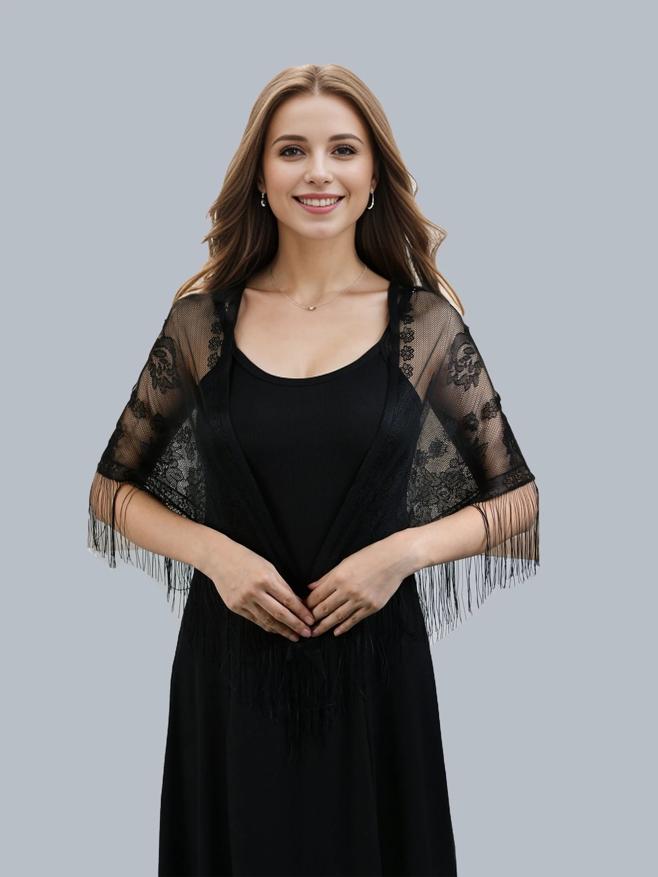 Women Embroidered Lace Tassel Scarf Shawl Triangle Fringe Solid Color Shawls Fashion Lightweight Prayer Hijab Headscarf Veils