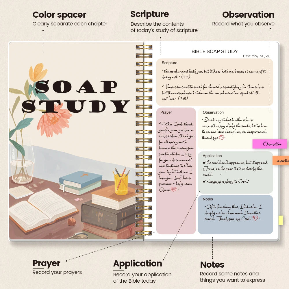 Daily Bible Study Journal - S.O.A.P Method Bible Study Supplies Church Notes Notebook for Men or Women, with Color Index Sticker