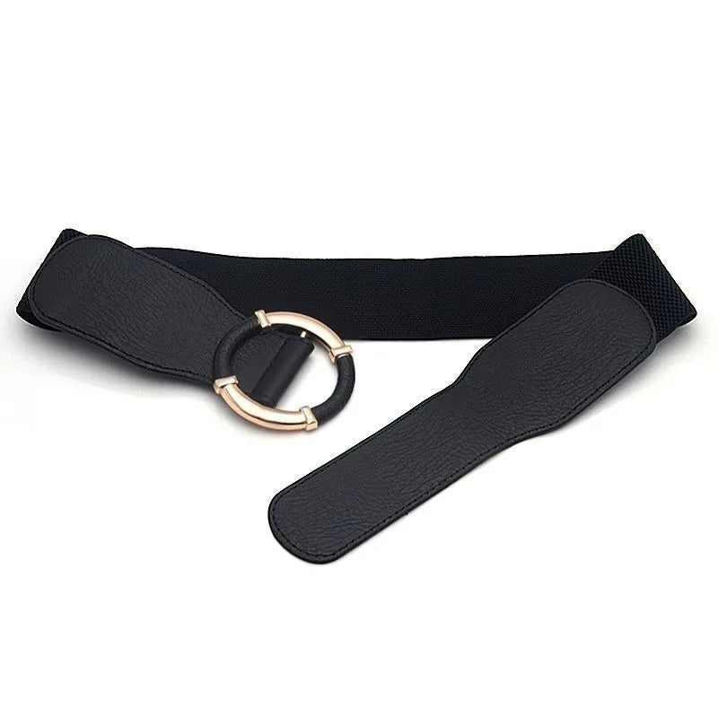 Solid Color Wide Belt Casual Stretchy Vintage Elastic Waistband Round Metal Buckle Dress Coat Girdle Women Apparel Accessories