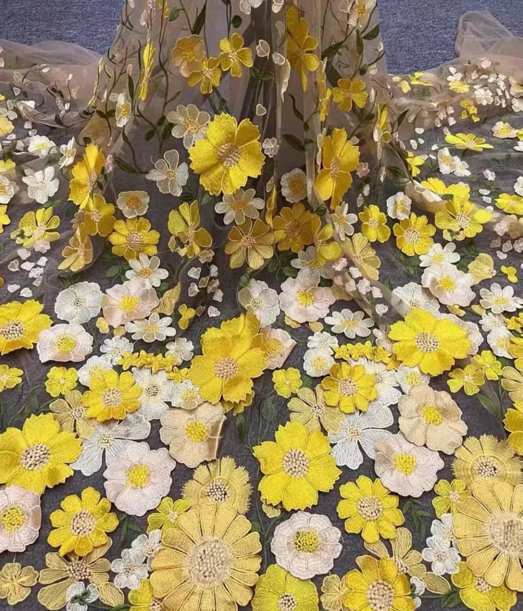 Unilateral embroidered cloth 3D applique embroidered fabric high-end women's dresses wedding dress material