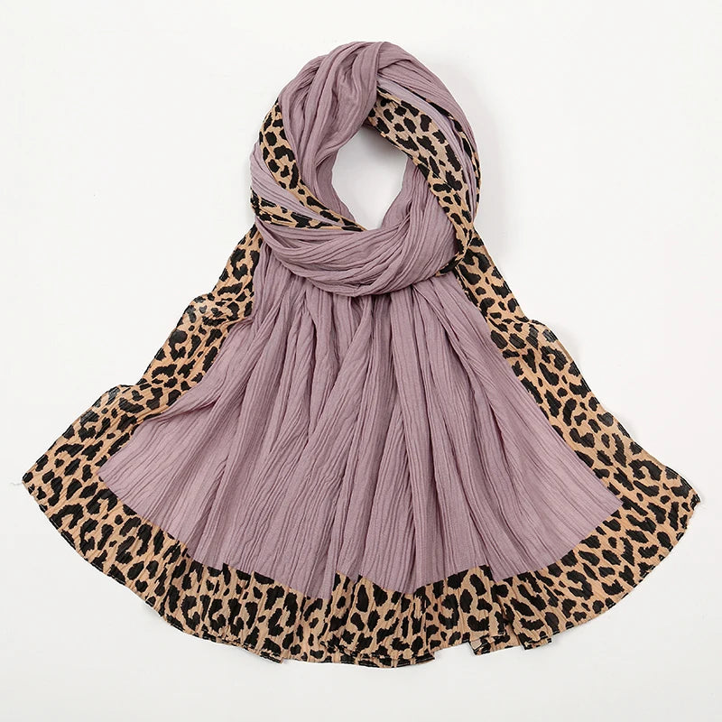 Hot Leopard Print Wrinkles Hijab Scarf Polyester Muslim Woman Hijab Shawls Lady Soft Long Wraps Femme Elegant Bandana Turban