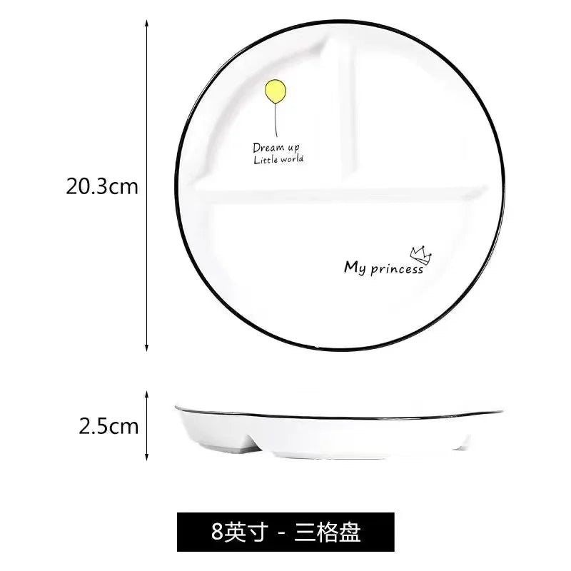 Ceramic Plate Cartoon Fat-reducing Sub-plate, Sub-plate, Household Dish Plate, Three-plate Breakfast Plate, Tableware Gift Set