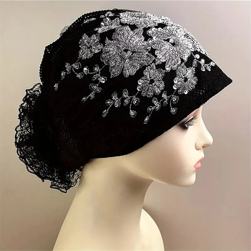 Lace Turban Hats for Women Muslim Headscarf Head Wraps Caps Female Daily Beanie Hair Cover Cap Glitter Diamonds Embroidery