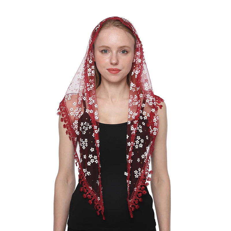 Fashion Church Shawl Lace Veil Polyester Scarf Bandana Church Prayer Wedding Mantilla Chapel White Embroidered Hijab Women Scarf