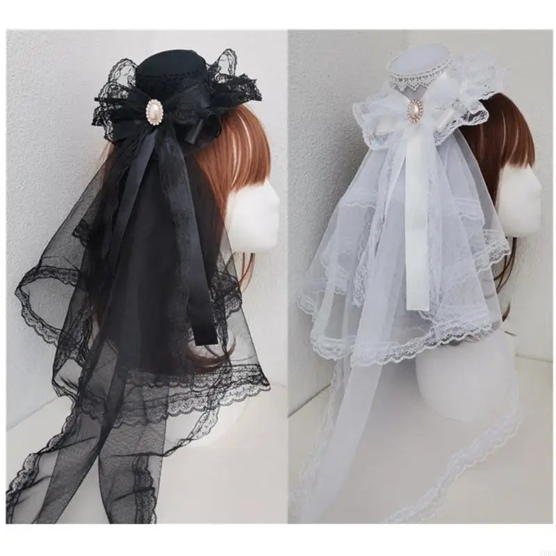 Ribbon Bowknot Veil Small Hat with Hair Clip Fashion Headwear Women Teens Halloween Hair Bows Masquerades Party Headwear