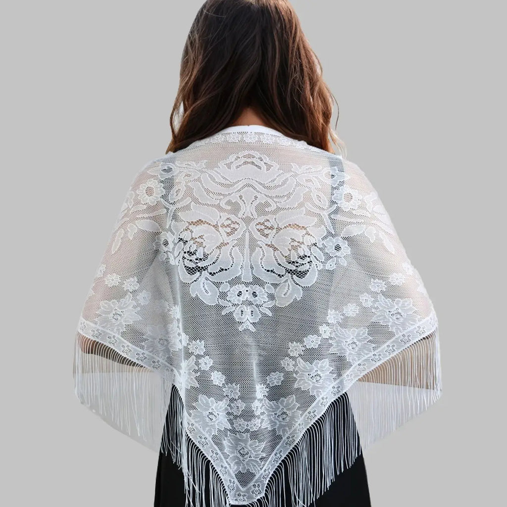 Women Embroidered Lace Tassel Scarf Shawl Triangle Fringe Solid Color Shawls Fashion Lightweight Prayer Hijab Headscarf Veils