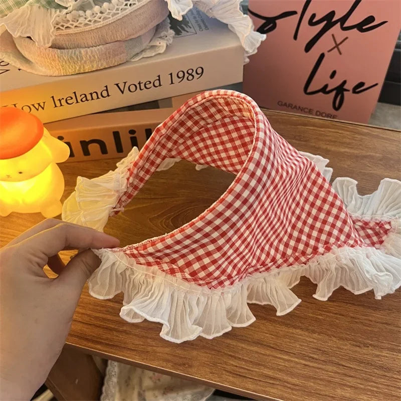 Red Woven Plaid Lace Hair Scarf Wraps Women Retro Triangle Headscarf Hat Travel Photo Headband Girl Hair Accessories