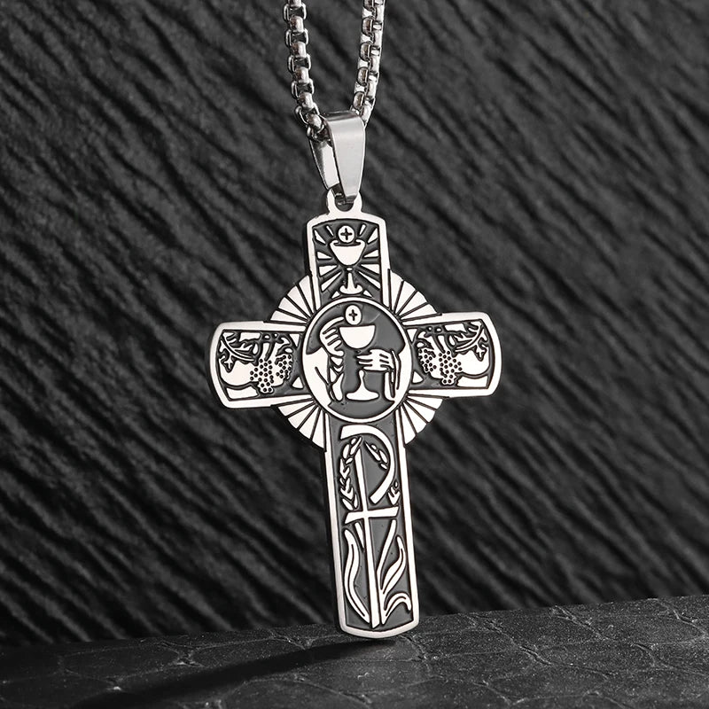 Stainless Steel Christian Eucharist Halo Grape Juice Cross Necklace Men Women Catholic Holy Spirit Church Jewelry