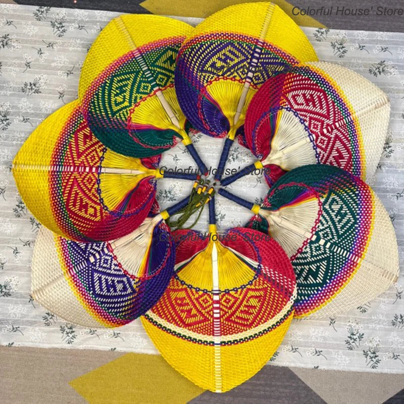 1pc Natural Bamboo Raffia Hand Fan Summer Cooling Supplies Hand Colored Woven Fan Farmhouse Wall Decoration Wedding Party Gift