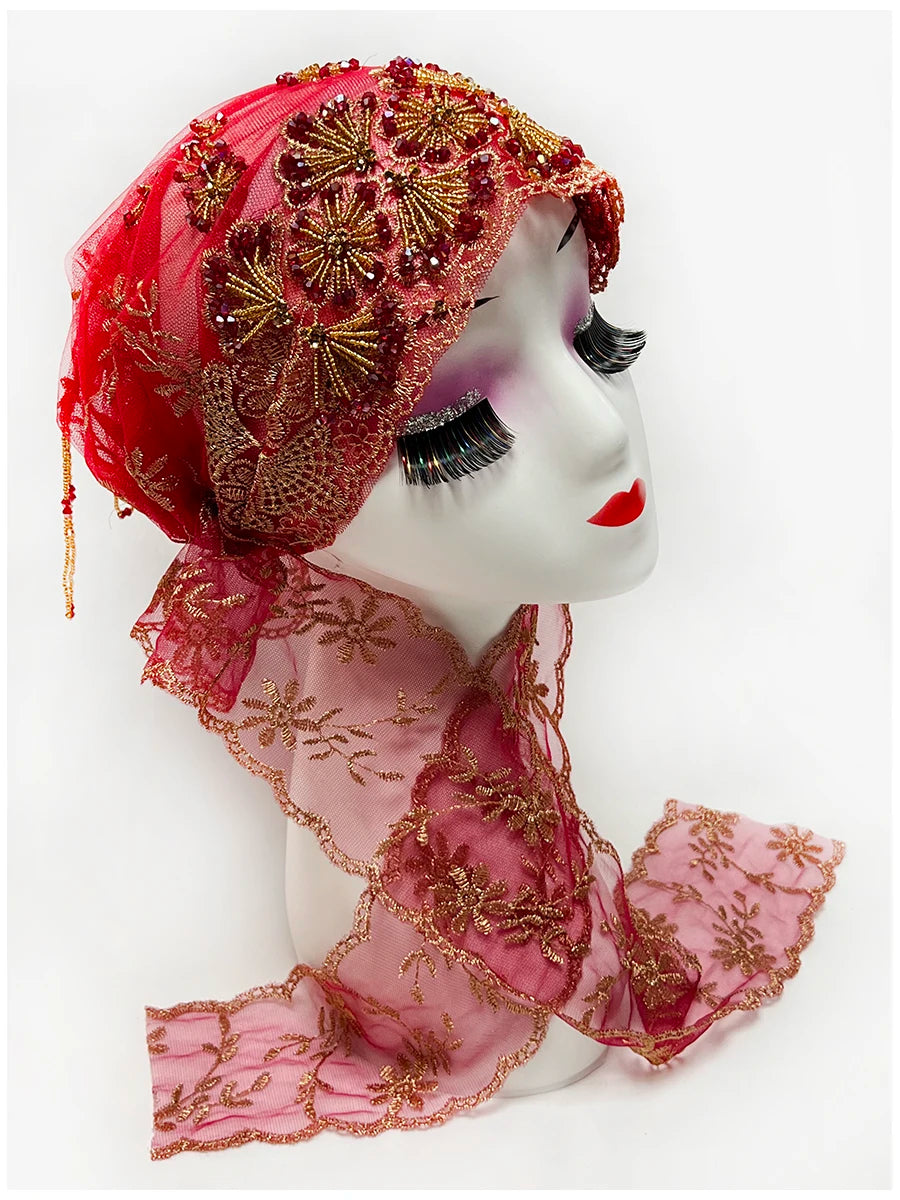 Explosive Head Cover Mesh Fabric Hand-Embroidered Hanging Beaded String acrylic Ribbon Hats Dubai New Muslim Arabic Worship Hat