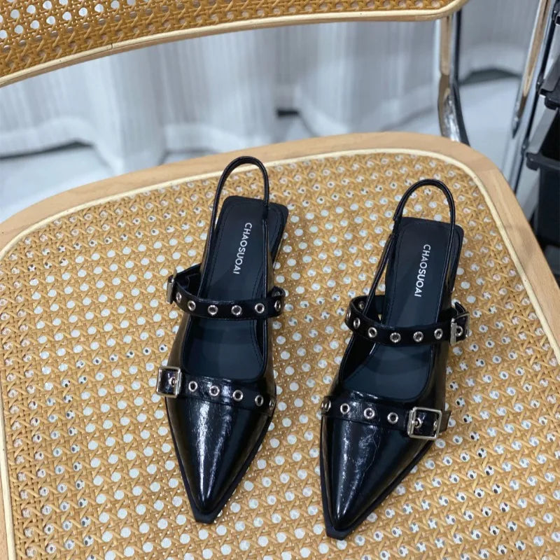 Leather Women's Sandals Outdoor with Low Heels Ladies Shoes Buckles Black Mules 2024 Trending Summer Offers The Best Designer Or